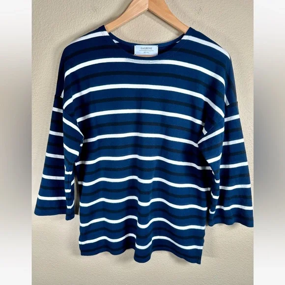 La Ligne New York Striped Cotton Breton Tee in Navy/Black/Cream - Picture 3 of 5